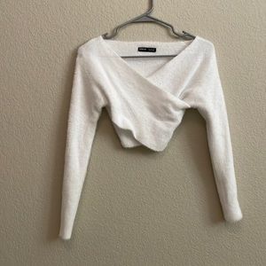 fuzzy cropped crossover sweater